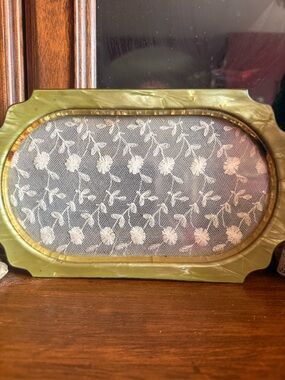 Vintage Oval Decorative Frame with Floral Lace Panel - Olive Green